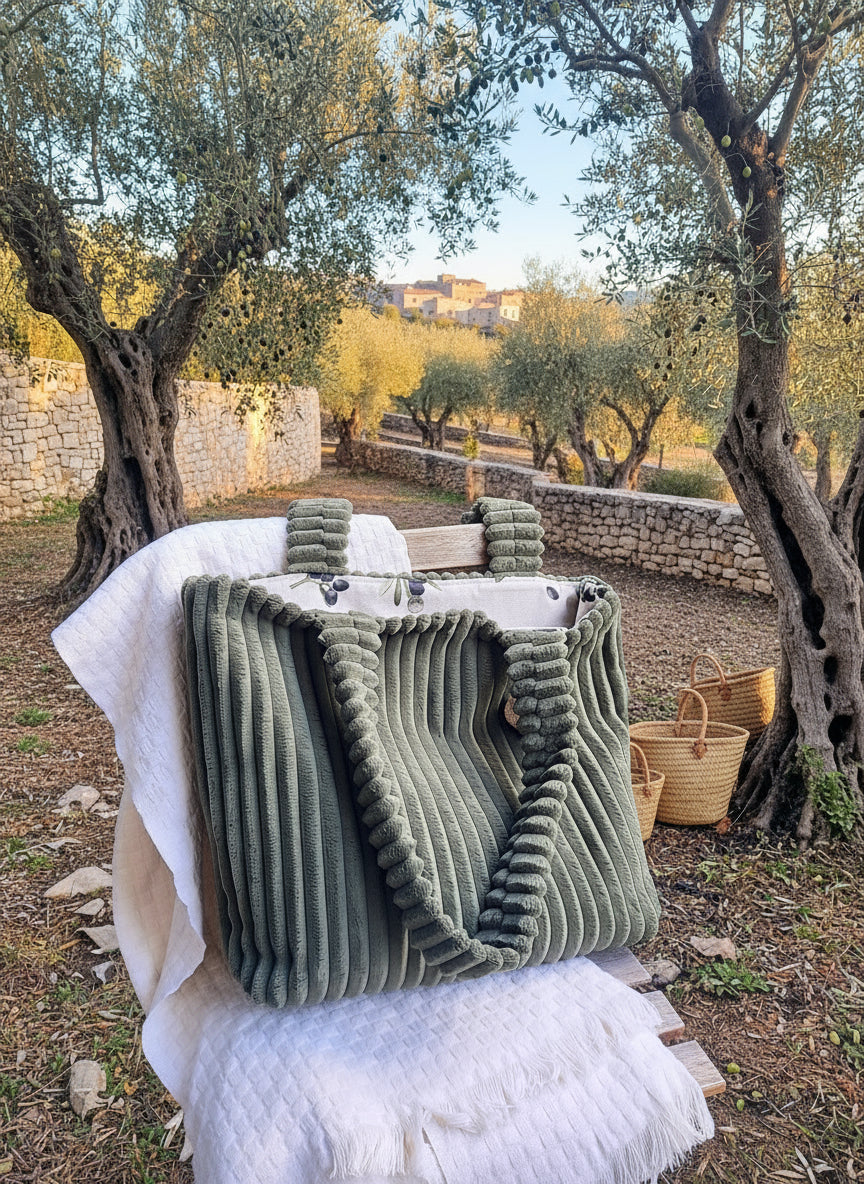 XL-tas 'Le olive' ribfluweel kleur kaki